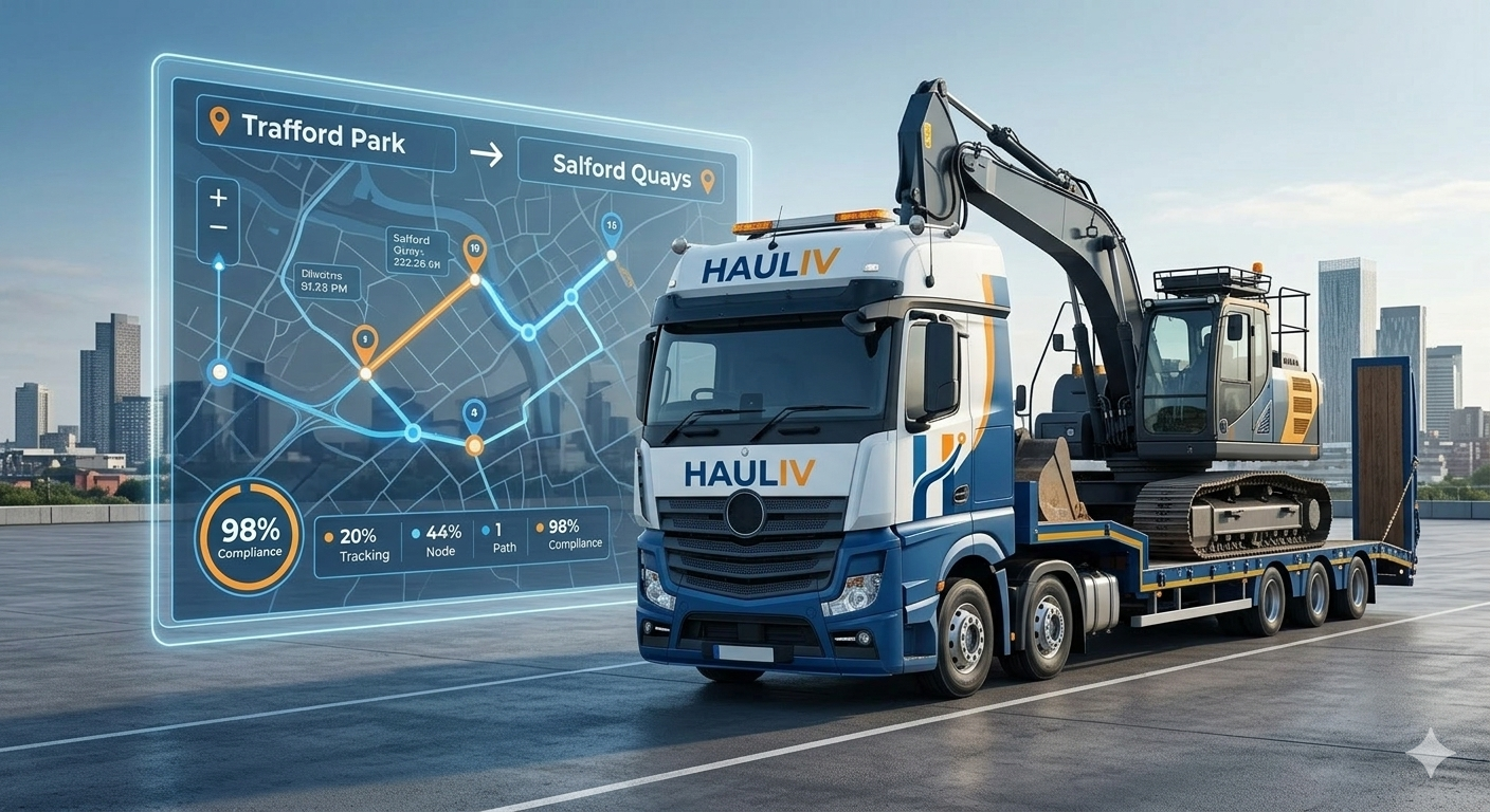 HAULIV low-loader at a modern depot with the Manchester skyline